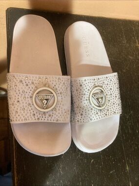GUESS Crystal-Studded White Slide Sandals with Logo Medallion